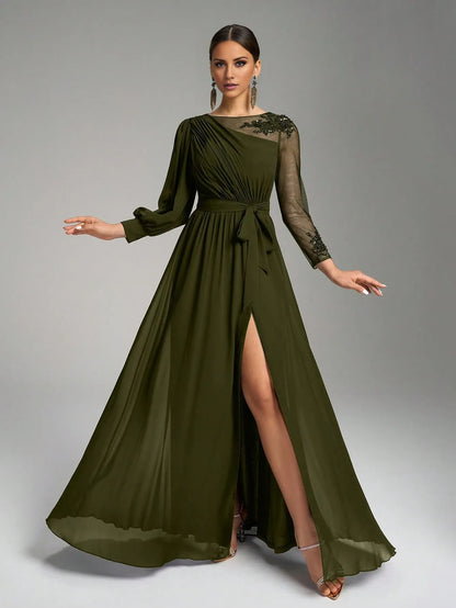 Elegant A-Line/Princess Long-Sleeve Sequin-Embellished Chiffon Maxi Dress Prom Dress