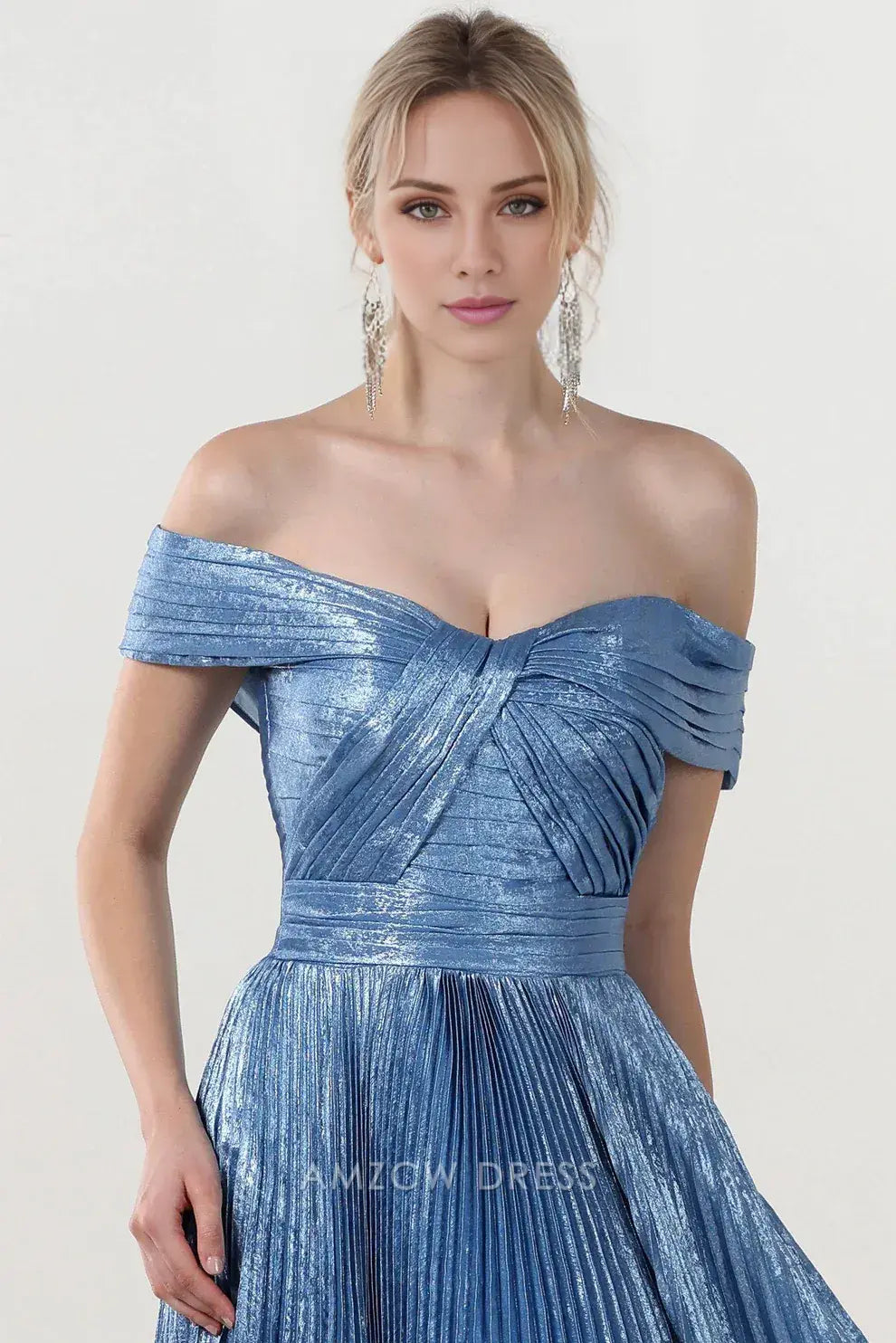 Elegant A-Line/Princess Off-Shoulder Metallic Pleated Floor-Length Maxi Dress Prom Dress