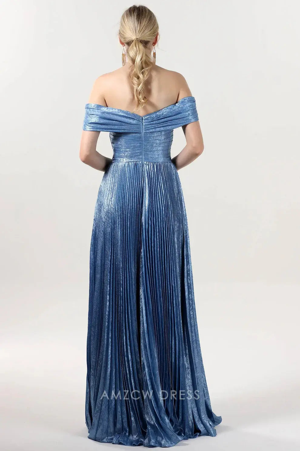 Elegant A-Line/Princess Off-Shoulder Metallic Pleated Floor-Length Maxi Dress Prom Dress