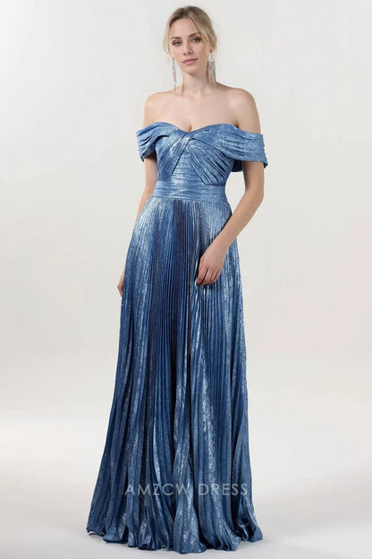 Elegant A-Line/Princess Off-Shoulder Metallic Pleated Floor-Length Maxi Dress Prom Dress