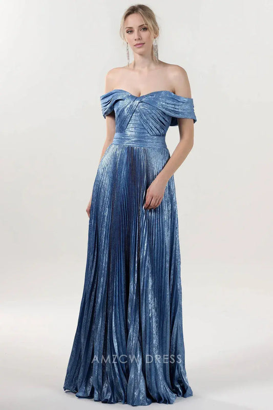 Elegant A-Line/Princess Off-Shoulder Metallic Pleated Floor-Length Maxi Dress Prom Dress