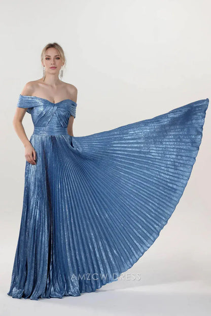 Elegant A-Line/Princess Off-Shoulder Metallic Pleated Floor-Length Maxi Dress Prom Dress