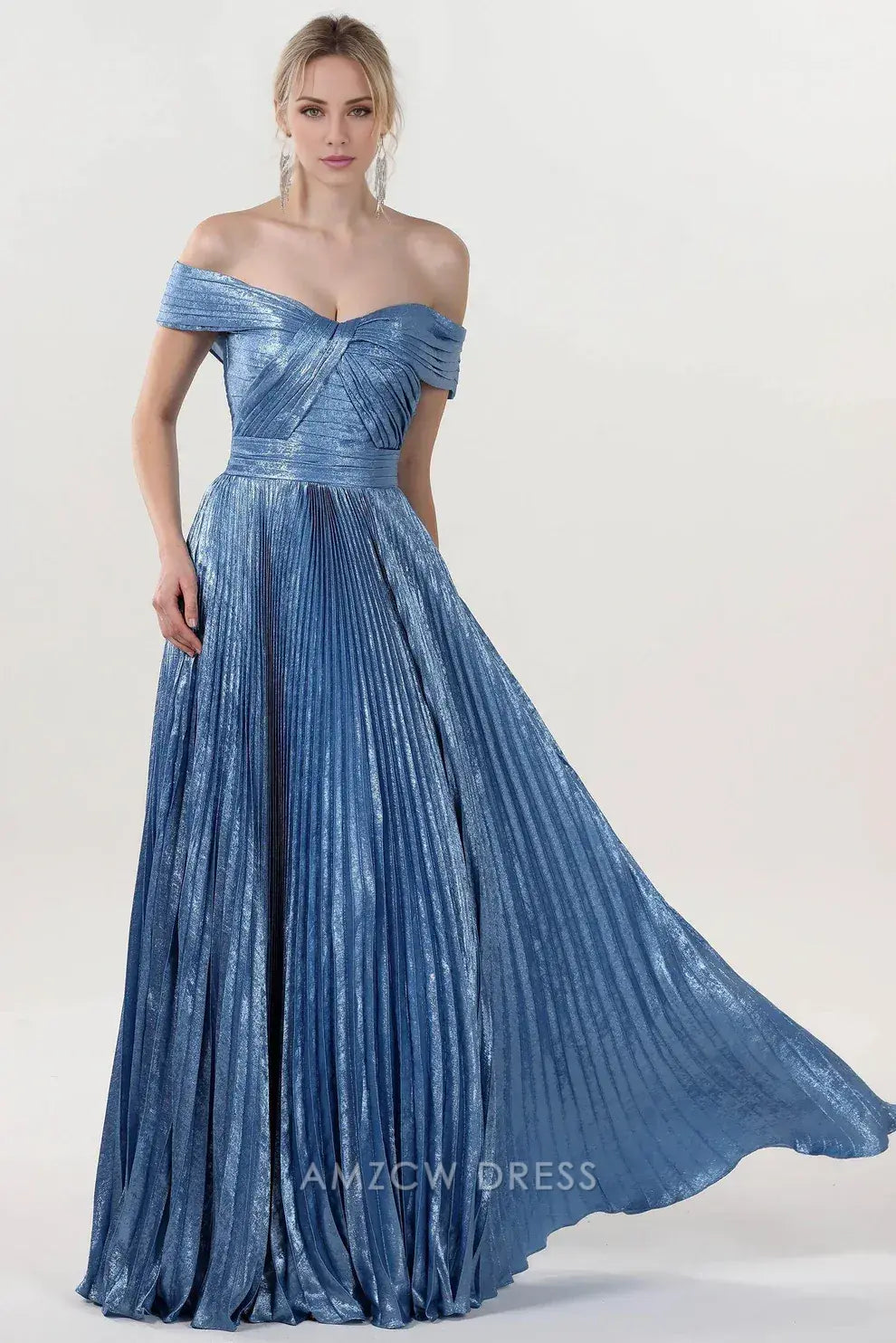 Elegant A-Line/Princess Off-Shoulder Metallic Pleated Floor-Length Maxi Dress Prom Dress