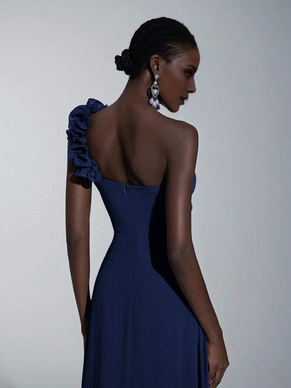 Elegant A-Line/Princess One-Shoulder Floral-Embellished Chiffon Maxi Dress Prom Dress