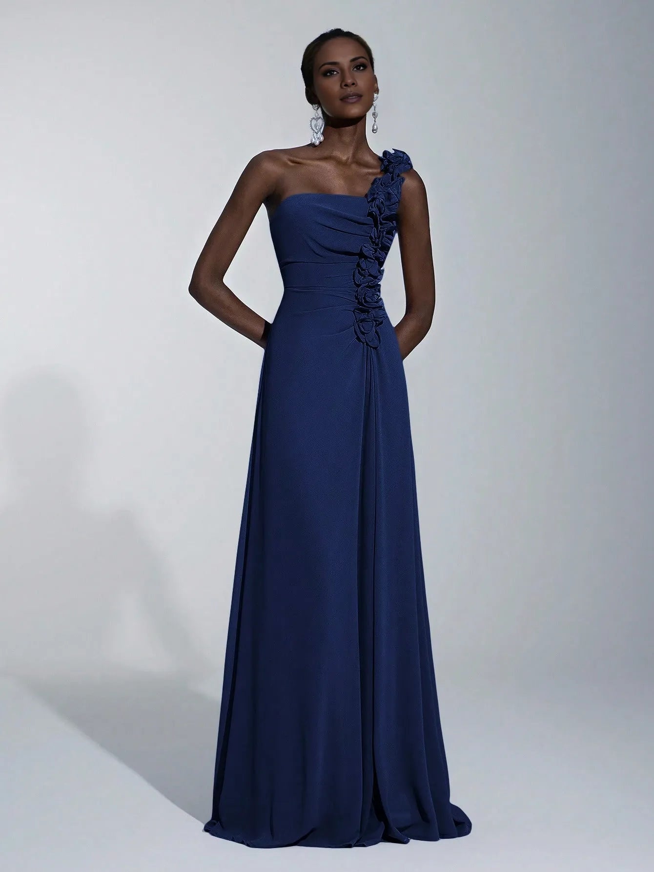 Elegant A-Line/Princess One-Shoulder Floral-Embellished Chiffon Maxi Dress Prom Dress