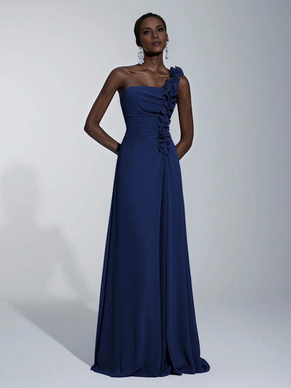 Elegant A-Line/Princess One-Shoulder Floral-Embellished Chiffon Maxi Dress Prom Dress