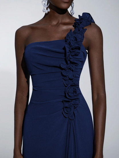 Elegant A-Line/Princess One-Shoulder Floral-Embellished Chiffon Maxi Dress Prom Dress