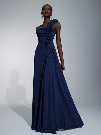 Elegant A-Line/Princess One-Shoulder Floral-Embellished Chiffon Maxi Dress Prom Dress