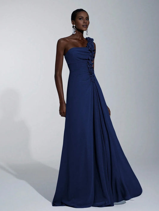Elegant A-Line/Princess One-Shoulder Floral-Embellished Chiffon Maxi Dress Prom Dress