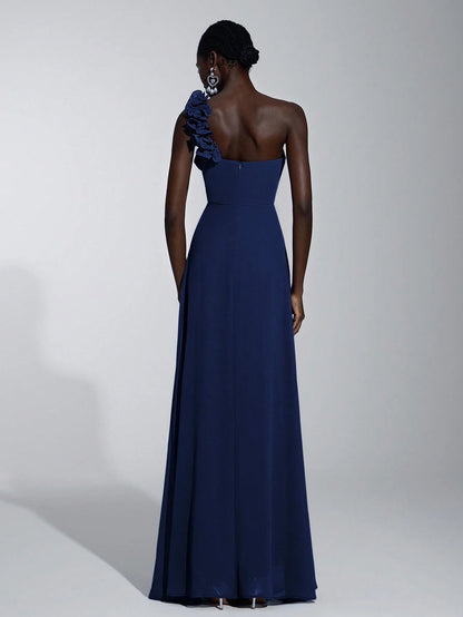 Elegant A-Line/Princess One-Shoulder Floral-Embellished Chiffon Maxi Dress Prom Dress