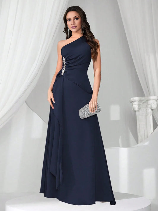 Elegant A-Line/Princess One-Shoulder Sleeveless Embellished Ruffled Maxi Dress Prom Dress