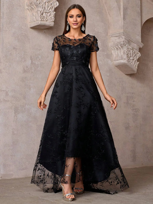 Elegant A-Line/Princess Short Sleeve Sheer Embroidered High-Low Maxi Dress Prom Dress