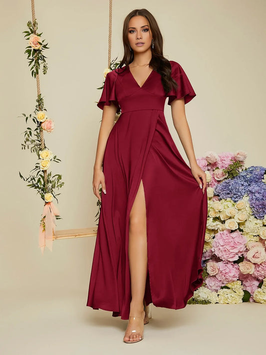 Elegant A-Line/Princess V-Neck Flutter Sleeve Satin High-Slit Maxi Dress Prom Dress