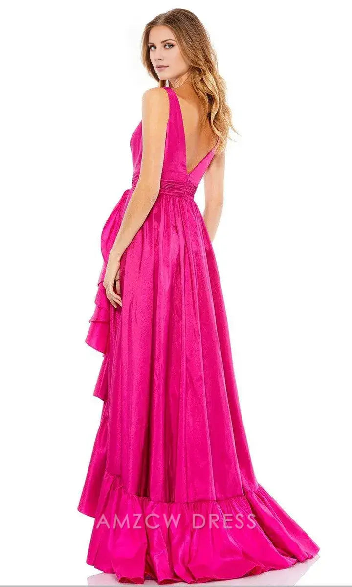 Elegant A-Line/Princess V-Neck Sleeveless Ruffled High-Low Satin Maxi Dress Prom Dress