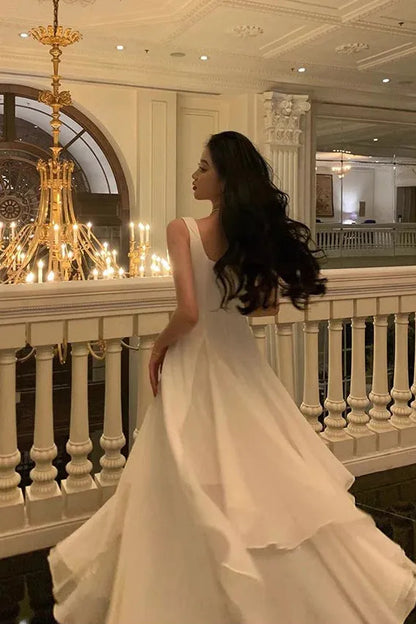 Elegant A-Line Square Neck Sleeveless Open Back Floor-Length Evening Dresses