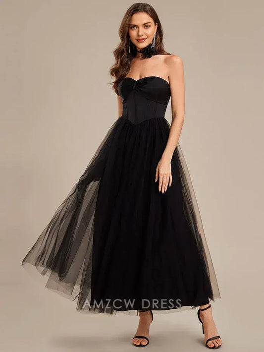 Elegant A-Line Strapless Corset Bodice Tulle Midi Dress with Halter Back Prom Dress