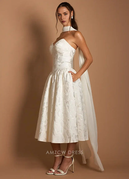 Elegant A-Line Strapless Jacquard Midi Dress with Long Scarf Detail  Prom Dress