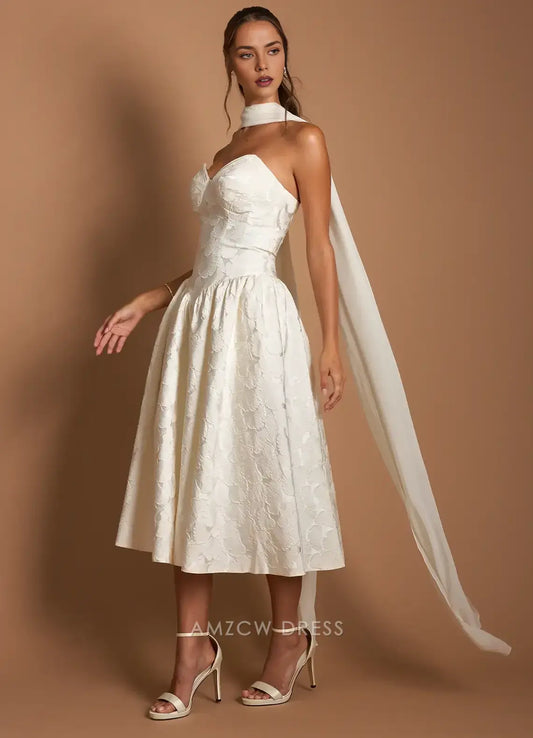 Elegant A-Line Strapless Jacquard Midi Dress with Long Scarf Detail  Prom Dress