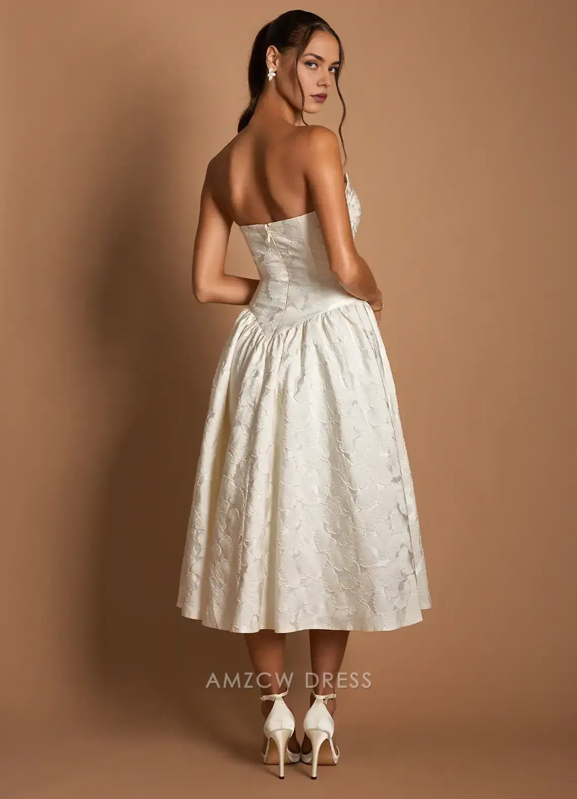 Elegant A-Line Strapless Jacquard Midi Dress with Long Scarf Detail  Prom Dress