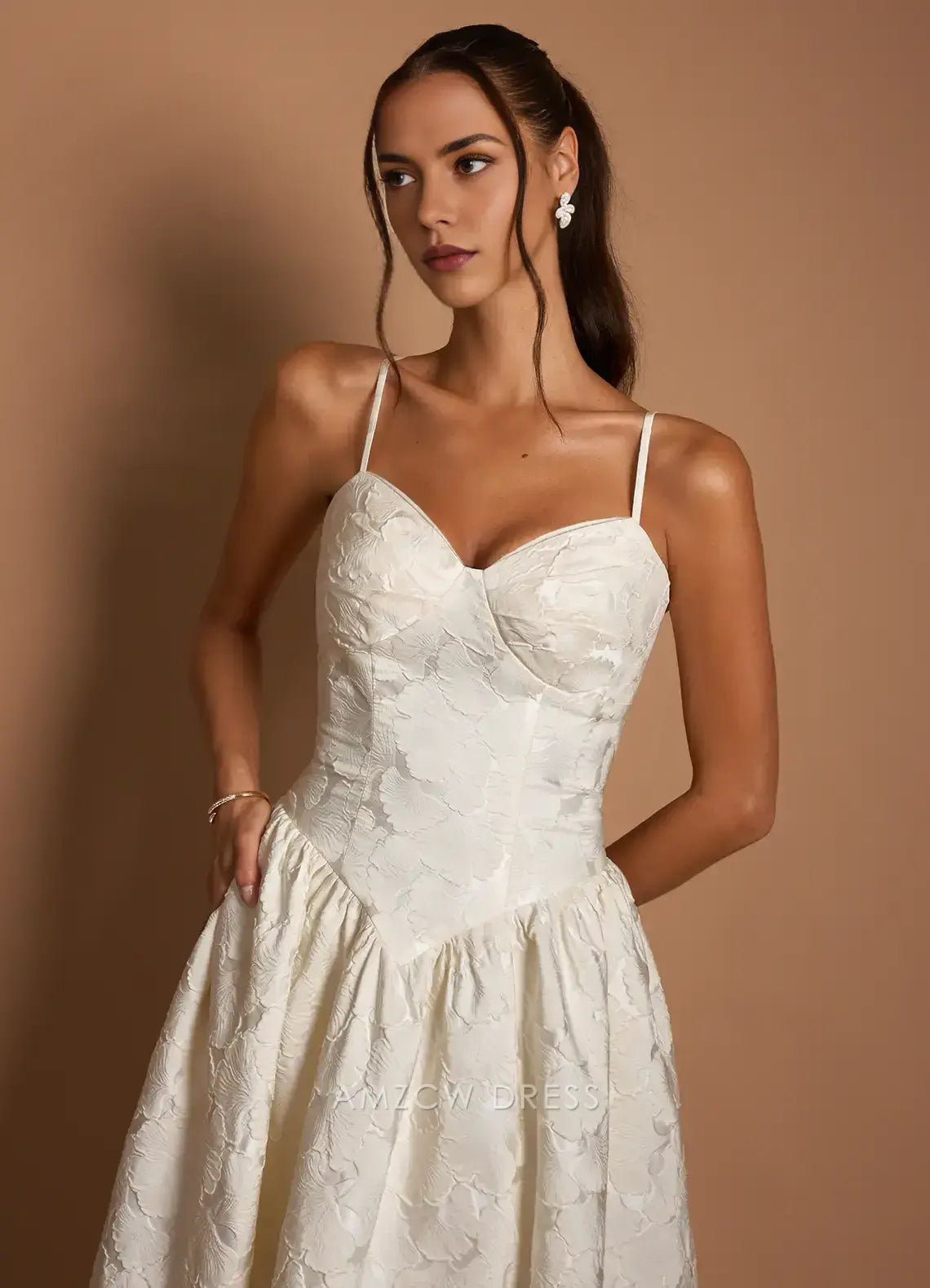 Elegant A-Line Strapless Jacquard Midi Dress with Long Scarf Detail  Prom Dress