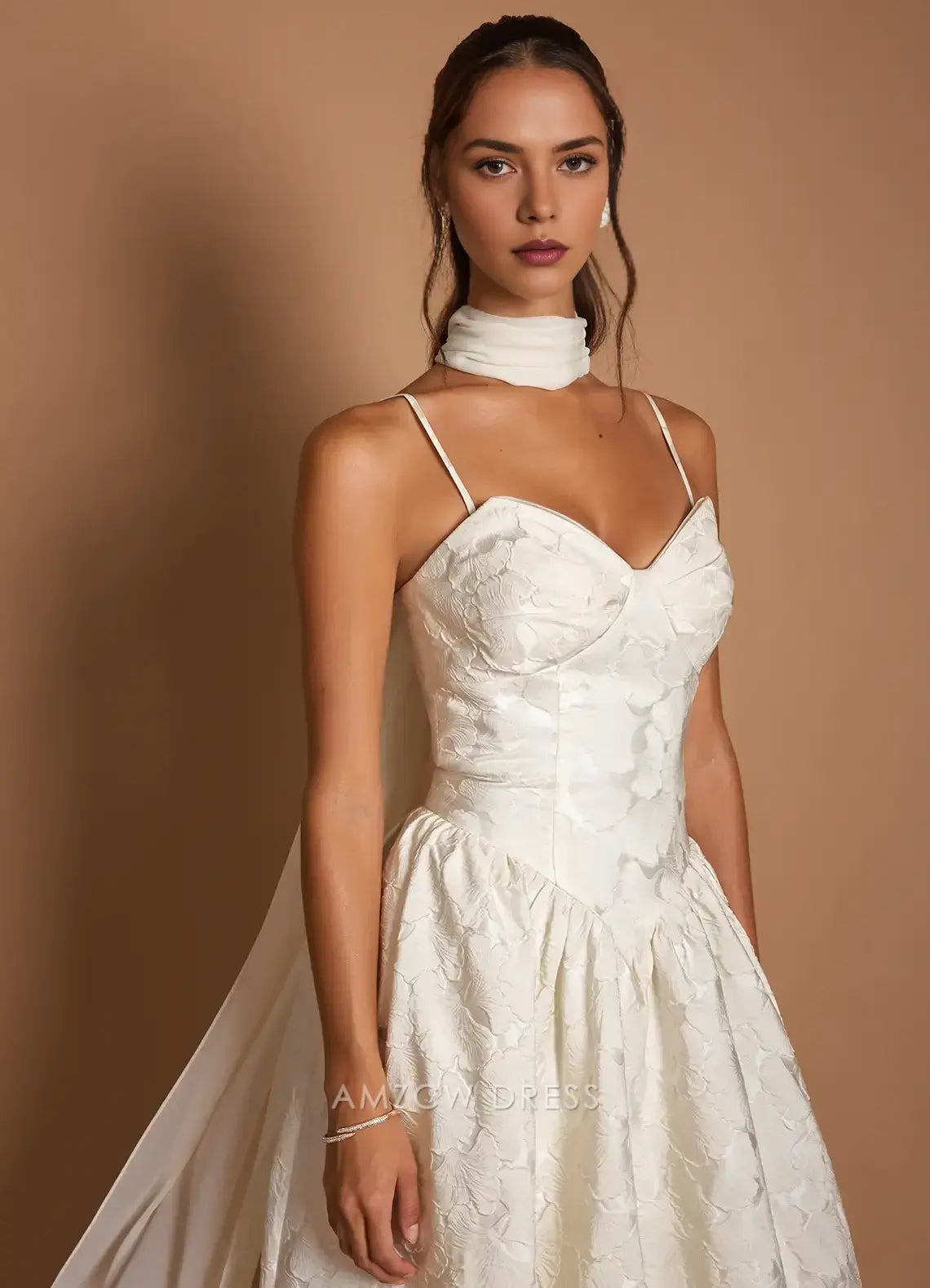 Elegant A-Line Strapless Jacquard Midi Dress with Long Scarf Detail  Prom Dress