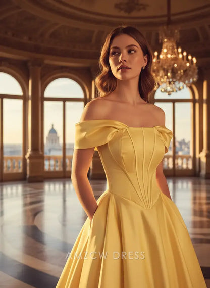 Amzcw Elegantes Vestidos de Fiesta Línea A Satén Verde Azulado con Hombros Descubiertos Mini Vestido Corto Venta Caliente para Mujeres 