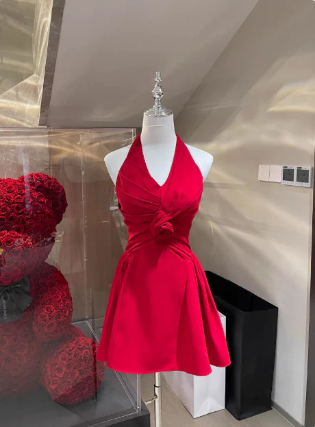 Elegant A Line Halter Neck V Neck Knotted Floral Applique Short Homecoming Dress in Red for Formal Events
