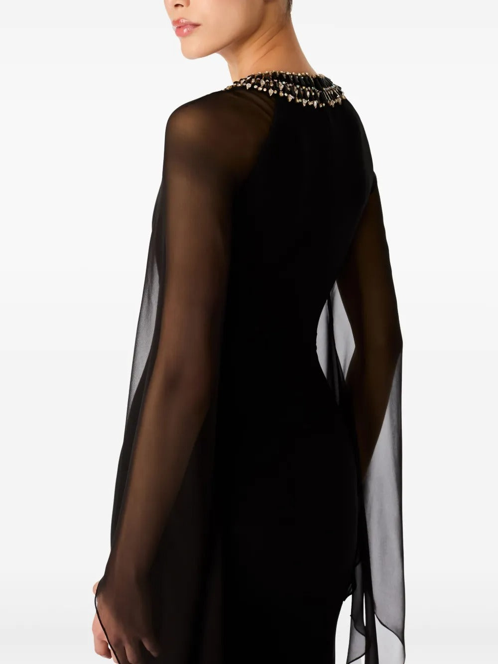 Elegant Black Chiffon Cape-Sleeve Embellished Prom Dress
