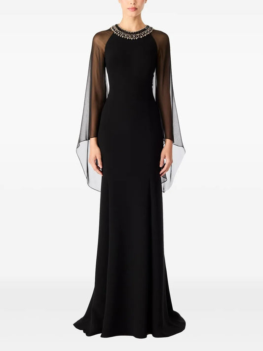 Elegant Black Chiffon Cape-Sleeve Embellished Prom Dress