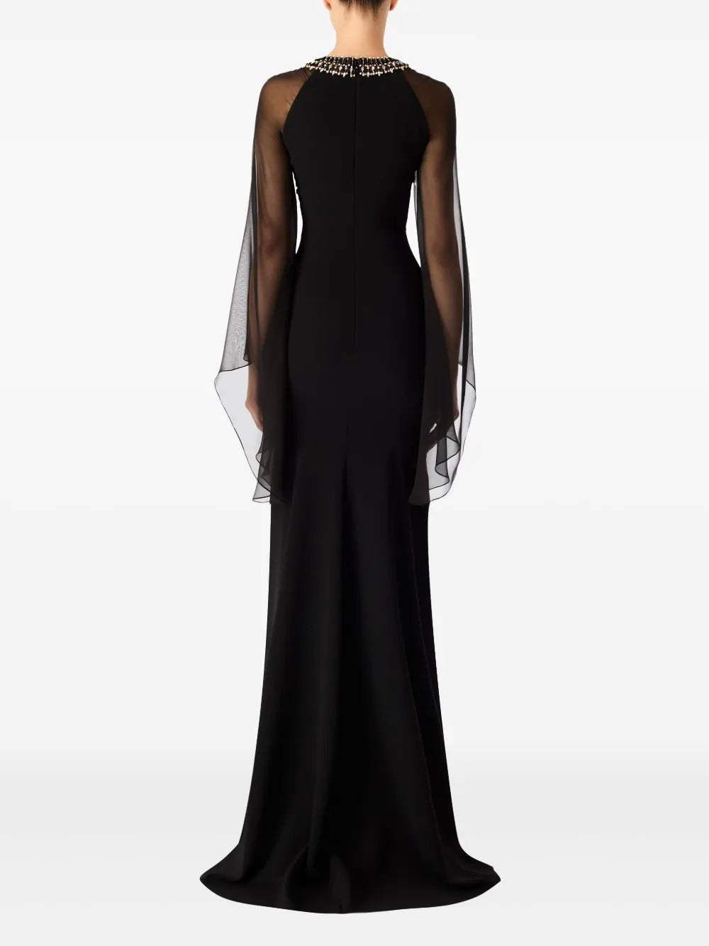 Elegant Black Chiffon Cape-Sleeve Embellished Prom Dress