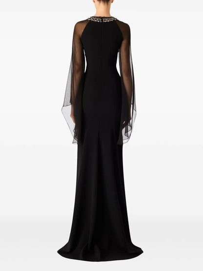 Elegant Black Chiffon Cape-Sleeve Embellished Prom Dress