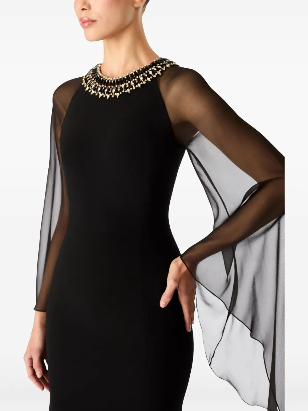 Elegant Black Chiffon Cape-Sleeve Embellished Prom Dress
