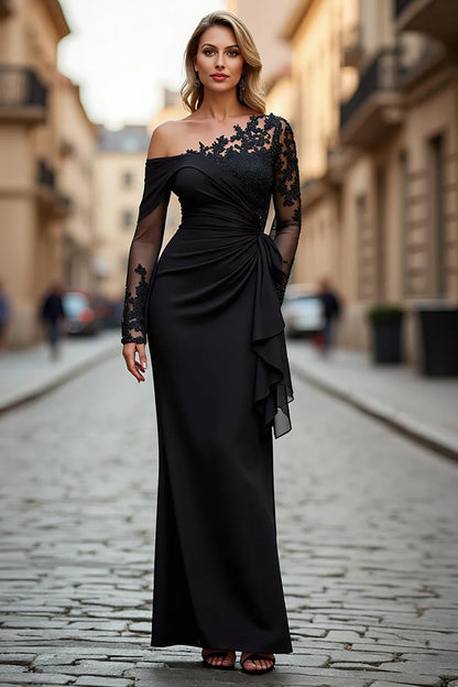 Elegant Plus size Black Crepe Off-the-Shoulder Lace Sleeve Ruched Column Maxi Dress Prom Dress