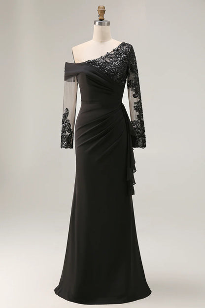 Elegant Plus size Black Crepe Off-the-Shoulder Lace Sleeve Ruched Column Maxi Dress Prom Dress
