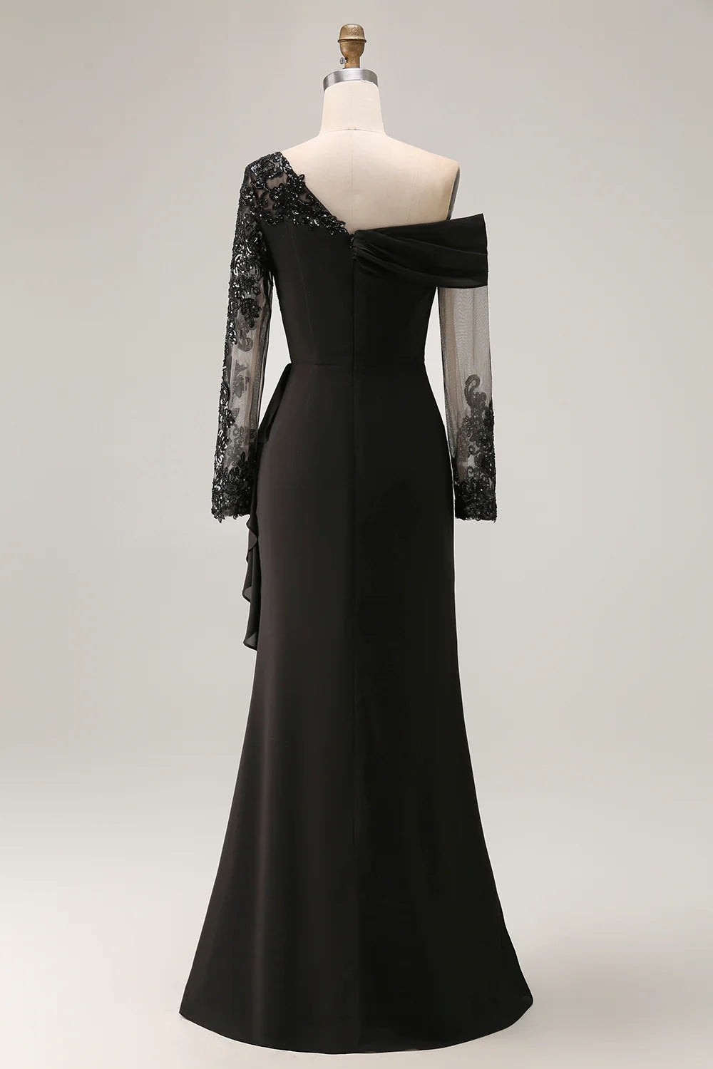 Elegant Plus size Black Crepe Off-the-Shoulder Lace Sleeve Ruched Column Maxi Dress Prom Dress