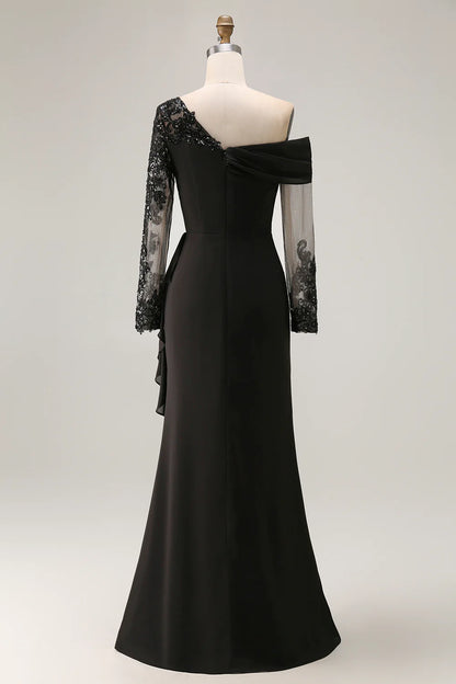 Elegant Plus size Black Crepe Off-the-Shoulder Lace Sleeve Ruched Column Maxi Dress Prom Dress
