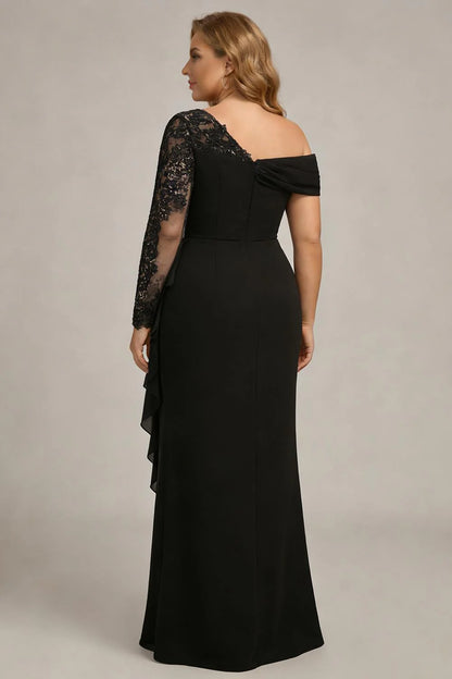 Elegant Plus size Black Crepe Off-the-Shoulder Lace Sleeve Ruched Column Maxi Dress Prom Dress