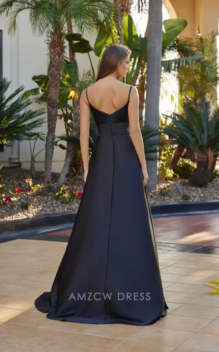 Elegant Black Satin Spaghetti Strap Sequin-Embellished Sweetheart Neck A-Line Train Floor-Length Prom Dress