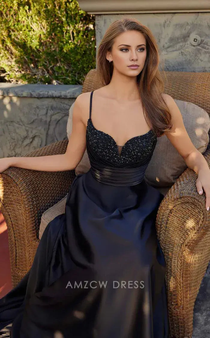 Elegant Black Satin Spaghetti Strap Sequin-Embellished Sweetheart Neck A-Line Train Floor-Length Prom Dress