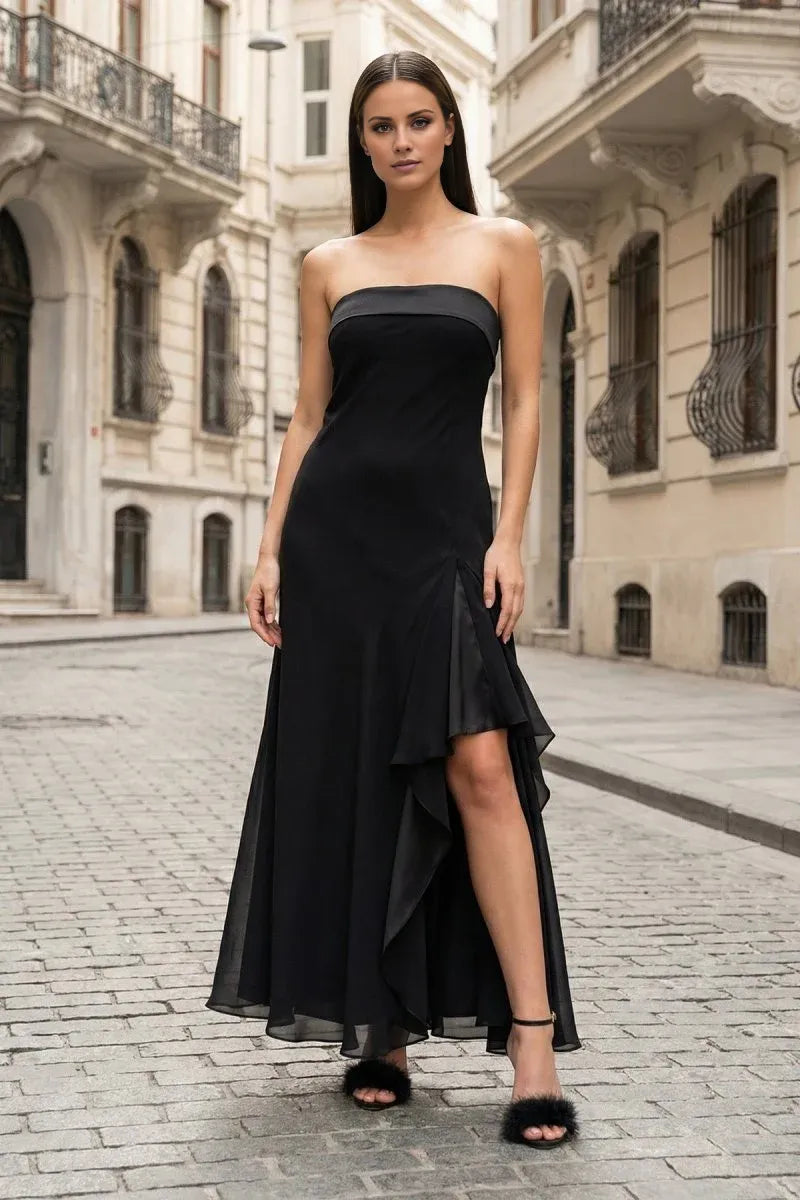 Elegant Black Strapless Sleeveless Ruffled Asymmetrical Slit Floor-Length Prom Dress