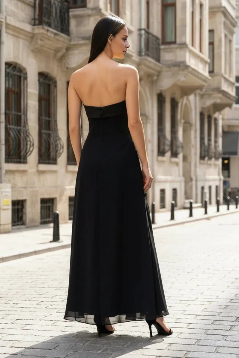 Elegant Black Strapless Sleeveless Ruffled Asymmetrical Slit Floor-Length Prom Dress