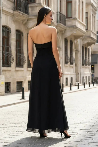 Elegant Black Strapless Sleeveless Ruffled Asymmetrical Slit Floor-Length Prom Dress