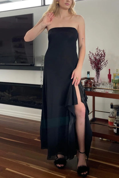 Elegant Black Strapless Sleeveless Ruffled Asymmetrical Slit Floor-Length Prom Dress