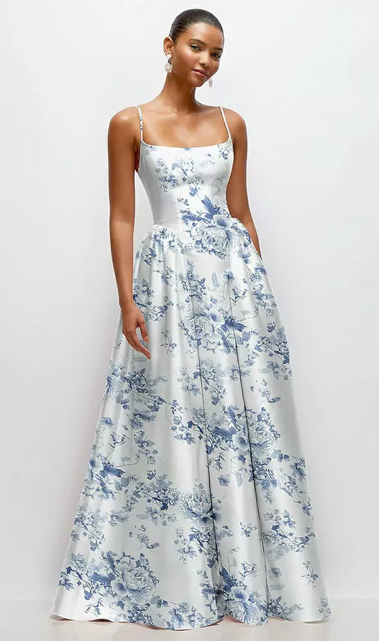 Elegant Blue & White Floral Jacquard Satin Spaghetti Strap Square Neck Open Back A-Line Maxi Dress Prom Dress