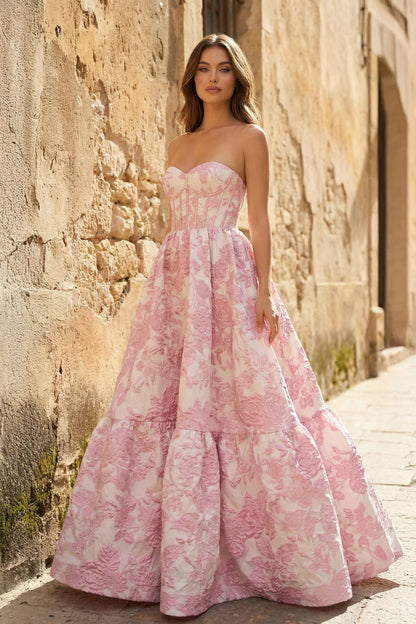 Elegant Blush Pink Floral Brocade Strapless Sweetheart Neck Corset Cross Lace-Up Back Tiered Ballgown Floor-Length Prom Dress