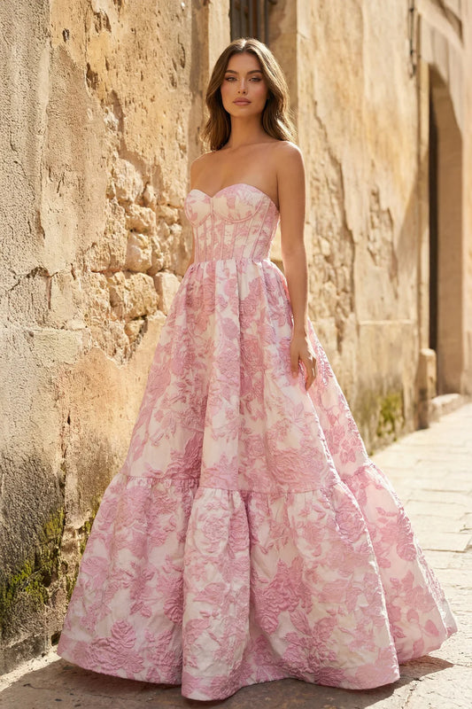 Elegant Blush Pink Floral Brocade Strapless Sweetheart Neck Corset Cross Lace-Up Back Tiered Ballgown Floor-Length Prom Dress