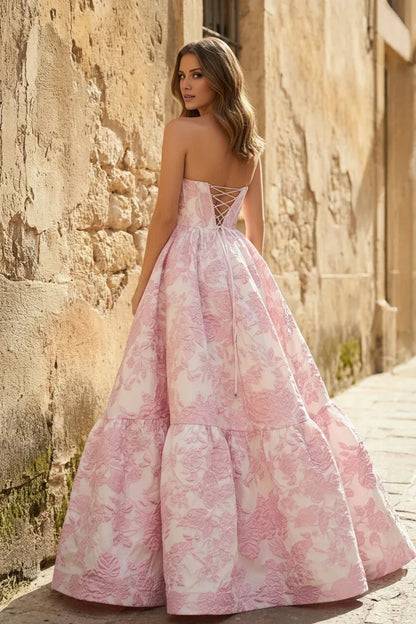 Elegant Blush Pink Floral Brocade Strapless Sweetheart Neck Corset Cross Lace-Up Back Tiered Ballgown Floor-Length Prom Dress