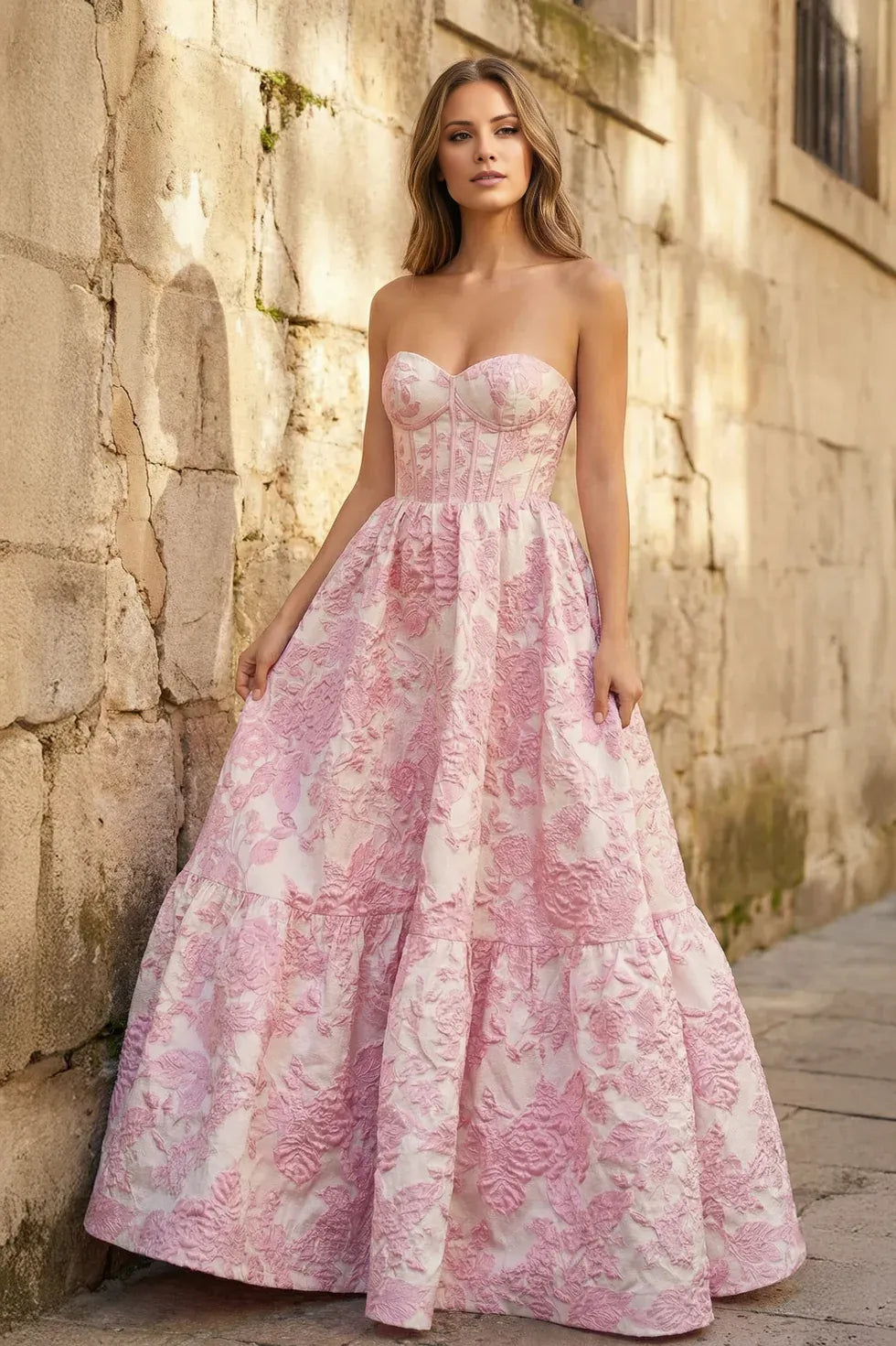 Elegant Blush Pink Floral Brocade Strapless Sweetheart Neck Corset Cross Lace-Up Back Tiered Ballgown Floor-Length Prom Dress