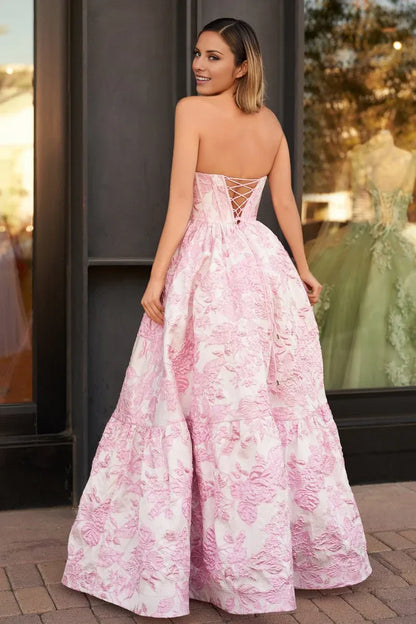 Elegant Blush Pink Floral Brocade Strapless Sweetheart Neck Corset Cross Lace-Up Back Tiered Ballgown Floor-Length Prom Dress