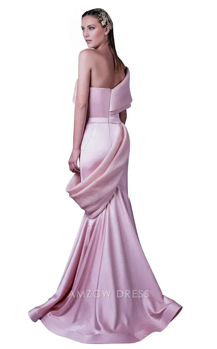 Elegant Blush Pink Satin & Glitter Fabric Off-the-Shoulder Draped Mermaid Formal Gown Prom Dress